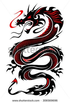 a dragon tattoo design on the side of a white sheet with red and black ink