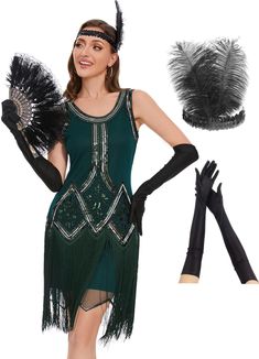 a woman in a green flap dress and black gloves