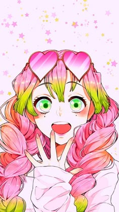 a drawing of a girl with pink hair and green eyes, holding her hand to her face