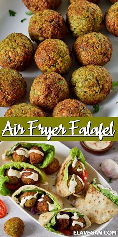 some food that is on a plate and in the middle with words above it reading air fryer falafel