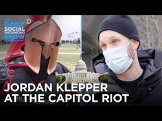 two people wearing masks with the capitol building in the background and text jordan klepper at the capitol riot