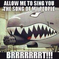 an airplane that has been painted to look like a shark with its mouth open and the words, allow me to sing you the song of my people