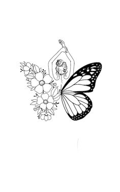 a black and white drawing of a butterfly with flowers