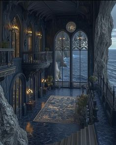 an elaborately decorated building with stairs and windows overlooking the ocean at night time,