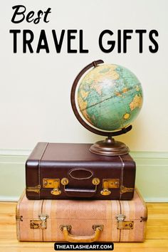 Two old-timey suitcases stacked on top of each other, topped with an antique globe, with the overlay text, "Best Travel Gifts." Useful Gifts, Medical Bracelet