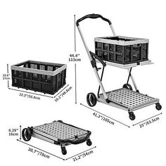 an image of a cart with two baskets on it and the measurements for each basket