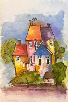 a watercolor drawing of a house with trees and bushes