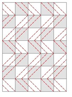 the diagonal quilt pattern is shown in red and white, as well as an arrow