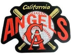 the los angeles angels logo is shown in red and black, with two baseball bats on it