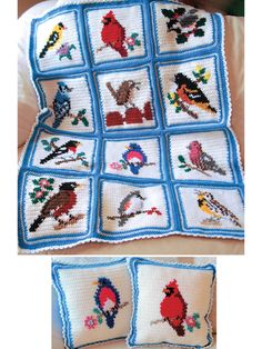 a crocheted blanket with birds on it and two pictures of the same pattern