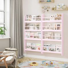 there is a pink book shelf in the room