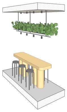 a table and stools with plants growing on them