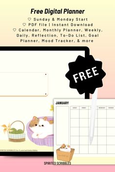 an image of a calendar with a cat on it and the text free digital planner