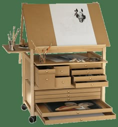 an artist's easel with lots of drawers