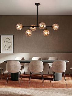 a dining room table with six chairs and a chandelier hanging from the ceiling