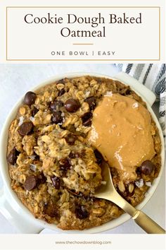 a bowl filled with oatmeal topped with chocolate chips and caramel sauce