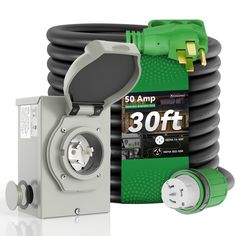 a green and black hose connected to an outlet