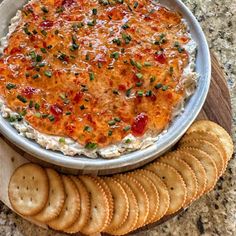 a bowl of dip with crackers on the side