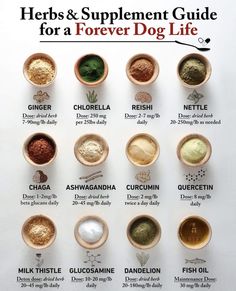 the herbs and supplement guide for a forever dog life recipe is shown in gold bowls