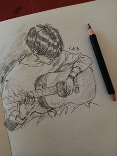 a pencil drawing of a boy playing the guitar