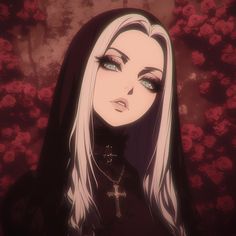 a woman with long white hair wearing a black outfit and cross necklace in front of red roses