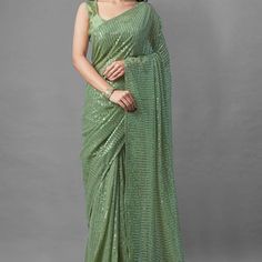 Buy Pista Green Embroidered With Embellished Georgette Pant Suit Set Online - KARMAPLACE – Karmaplace Sequins Saree, Sequence Saree, Designer Sarees Wedding, Saree Designs Party Wear, Green Saree, Embroidery Saree, Green Sequins, Georgette Fabric, Fancy Sarees