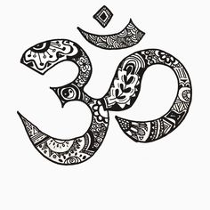 an om shan symbol in black and white with intricate designs on the bottom half of it