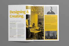 an open brochure with yellow and black images on the front, side and back pages