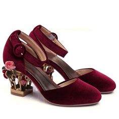 Elevate your wardrobe with these handmade Velvet Birdcage Floral Heels. Featuring a unique and stylish bird cage heel, with a luxurious velvet upper, genuine leather lining and TPR outsole, these gorgeous shoes are sure to make heads turn. Choose from three beautiful colorways in sizes from 34-43 and feel the difference with their comfortable fit and dreamy cushioning. Dare to be different with these stunning Velvet Birdcage Floral Heels! Pump Type: Mary Janes Upper Material: Velvet Toe Shape: R Rose Gold Shoes Heels, Wedding Shoes Women, Gold Shoes Heels, Cage Heels, Woman Heels, Brides Shoes, Rose Gold Shoes, Golden Garden, Flower Heels