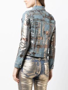 Madison.Maison metallic-print Denim Jacket - Farfetch Mirror Clothes, Jean Fashion, Jeans Ideas, Custom Leather Jackets, Metallic Jeans, Denim Decor, Printed Denim Jacket