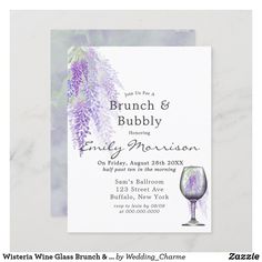 the brunch and bubbly wedding card is shown with a glass of wine