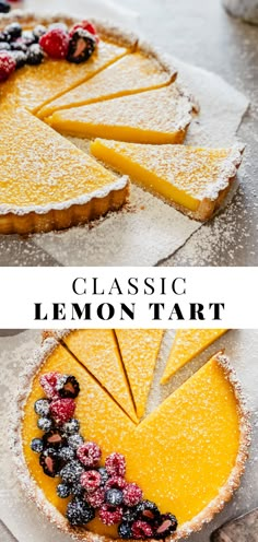 a lemon tart with berries and powdered sugar on top is cut into slices