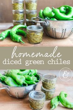 homemade diced green chilies in small metal bowls on a wooden table with text overlay that reads homemade diced green chilies