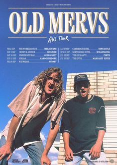 an advertisement for old merv's shows two young men with skateboards in front of a brick building