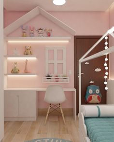 a child's bedroom with pink walls and white furniture