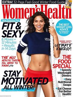 the cover of women's health magazine features a woman in red shorts and blue shirt