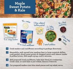 the ingredients for maple sweet potato and kale salad are shown in this advert