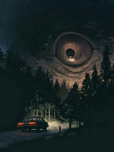 an eye is seen in the sky above a car parked on a road at night