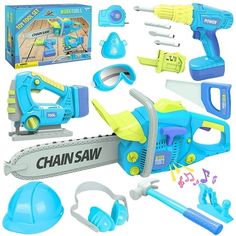 a blue and yellow toy chainsaw with tools on the table next to it's packaging