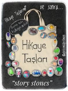 a bag that has some rocks on it with words written in the middle and pictures around it