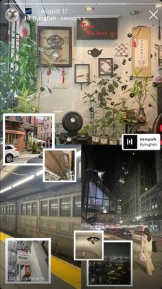 several pictures are arranged on the wall above a subway train in new york city, including plants and clocks