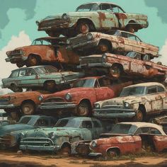 there are many old cars stacked on top of each other