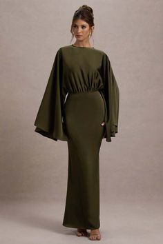 Zuzanna Khaki Draped Maxi Dress With Cape Sleeves – Club L London - USA Modest Dresses For Wedding Guests, Satin Bridesmaid Dresses With Sleeves, Dress With Cape Sleeves, Black Dress Winter, Fishtail Maxi Dress, Dress With Cape, Bridesmaid Dresses With Sleeves, Drape Maxi Dress, Club L London