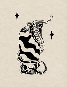 a black and white drawing of a snake on a piece of paper with stars in the background