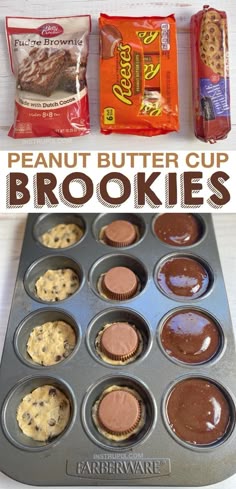 chocolate chip cookies and peanut butter cupcakes in a muffin tin with text overlay