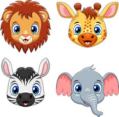 four different animal heads with blue eyes and brown hair, including an elephant, giraffe