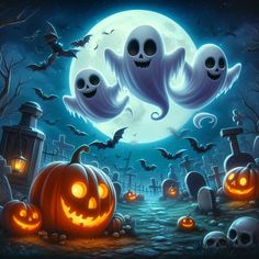 halloween scene with pumpkins and ghost heads