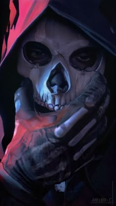 a skeleton wearing a hooded jacket and holding his hand up to the camera with both hands