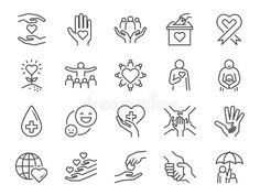 hand and heart icons on white background