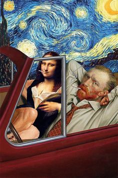 an image of a man and woman in a car with the starry night behind them